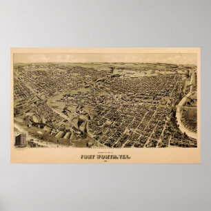 Affiches Carte 1891 vue d'oeil d'oiseaux de Fort Worth, le
