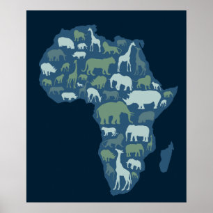 Affiches Carte africaine avec la silhouette d'animaux