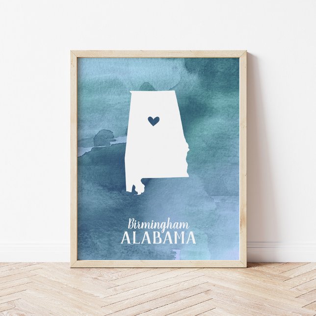 Affiches Carte Alabama Aquarelle bleue Art personnalisé (Créateur téléchargé)