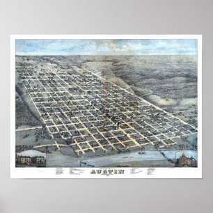 Affiches Carte antique aérienne de la ville d'Austin, Texas