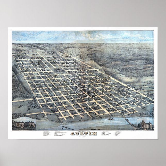 Affiches Carte antique aérienne de la ville d'Austin, Texas (Devant)