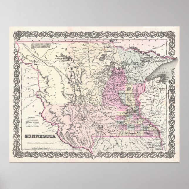 Affiches Carte antique de l'état du Minnesota (Devant)