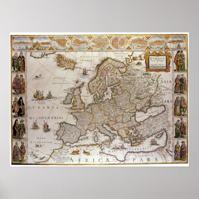 Affiches Carte antique de l'Europe par Willem Jansz Blaeu,  (Devant)
