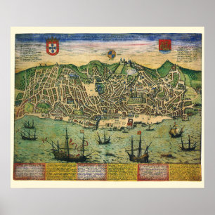 Affiches Carte antique de Lisbonne, Portugal par Braun/Hoge