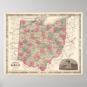 Affiches Carte antique de l'Ohio Décor Vintage