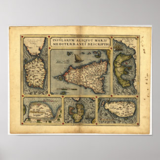Affiches Carte antique de Sicile ORTELIUS ATLAS 1570 A.D.