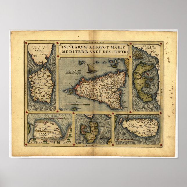 Affiches Carte antique de Sicile ORTELIUS ATLAS 1570 A.D. (Devant)