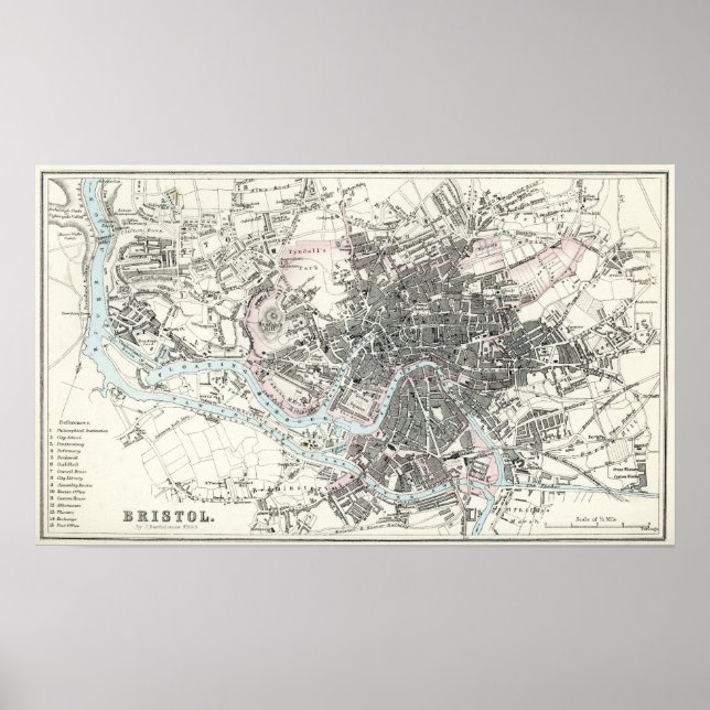 Affiches Carte antique du 19ème siècle de Bristol (Devant)