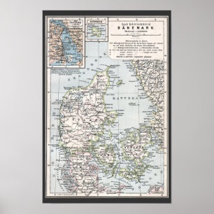 Affiches Carte antique du Danemark, Danmark en danois, 1905