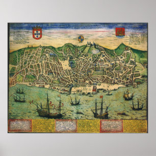 Affiches Carte antique, Plan de ville de Lisbonne, Portugal