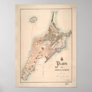 Affiches Carte antique portugaise de Macao 1889