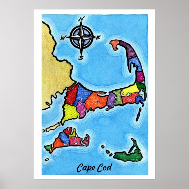 Affiches Carte colorée de Cape Cod (Devant)