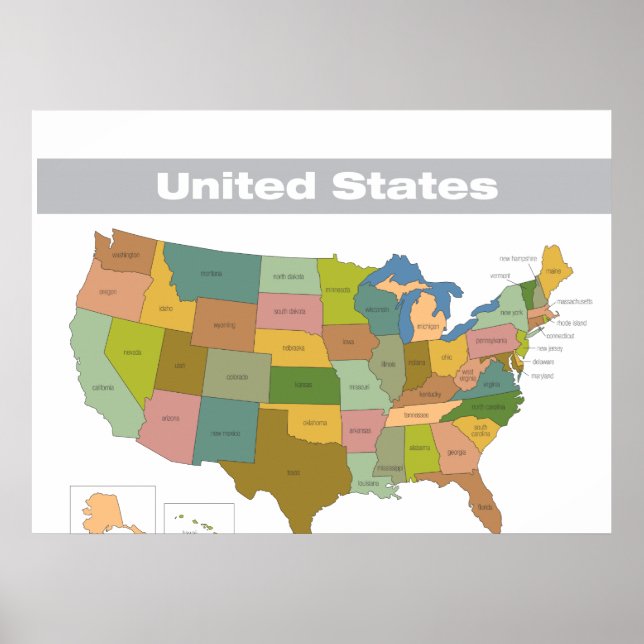 Affiches Carte complète des couleurs des États-Unis (Devant)