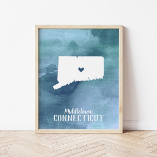 Affiches Carte Connecticut Aquarelle bleue Art personnalisé