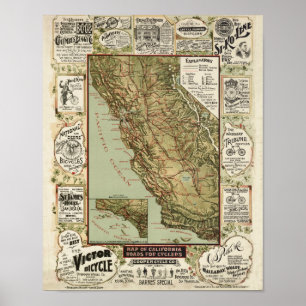 Affiches Carte cycliste vintage 1895 Californie