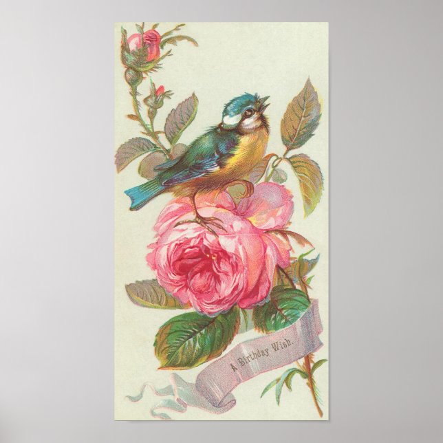 Affiches Carte D'Anniversaire vintage Avec Oiseau Et Rose (Devant)