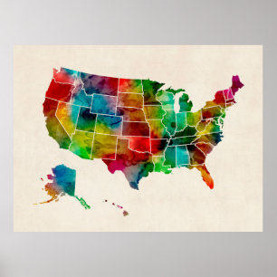 Affiches Carte d'aquarelle des Etats-Unis