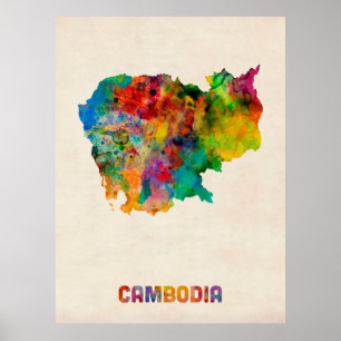 Affiches Carte d'aquarelle du Cambodge
