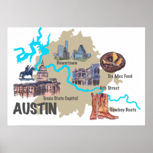 Affiches Carte d'Austin le Texas