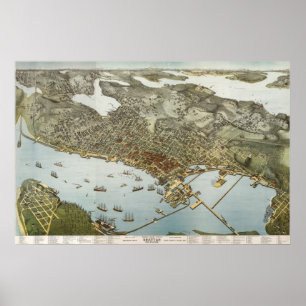 Affiches Carte de birdseye de Seattle - 1891 (Koch)