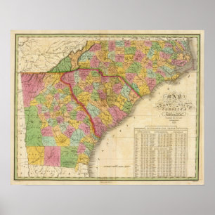 Affiches Carte De Caroline Du Nord Et Du Sud Et Géorgie