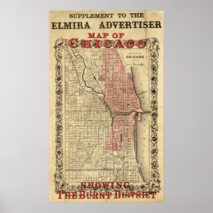 Affiches Carte De Chicago Montrant Le District Brûlé