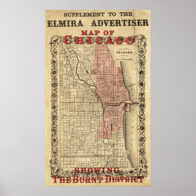 Affiches Carte De Chicago Montrant Le District Brûlé (Devant)