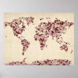 Affiches Carte de coeurs d'amour de la carte du monde