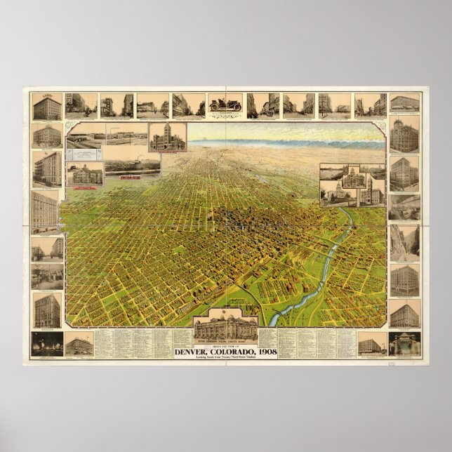Affiches Carte de Denver, Birds-Eye View, 1908 (Devant)