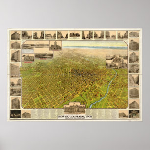 Affiches Carte de Denver, Oiseau-Oeil View, 1908