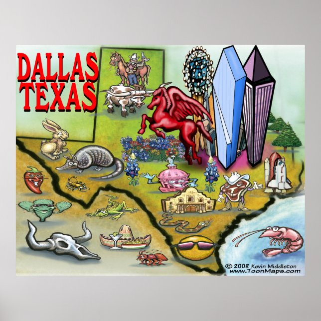 Affiches Carte de dessin de Dallas TEXAS (Devant)