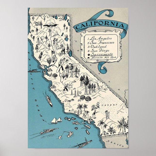 Affiches Carte de la Californie vintage (Devant)