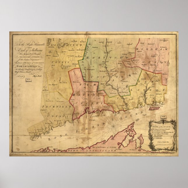 Affiches Carte de la colonie du Connecticut en 1766 (Devant)