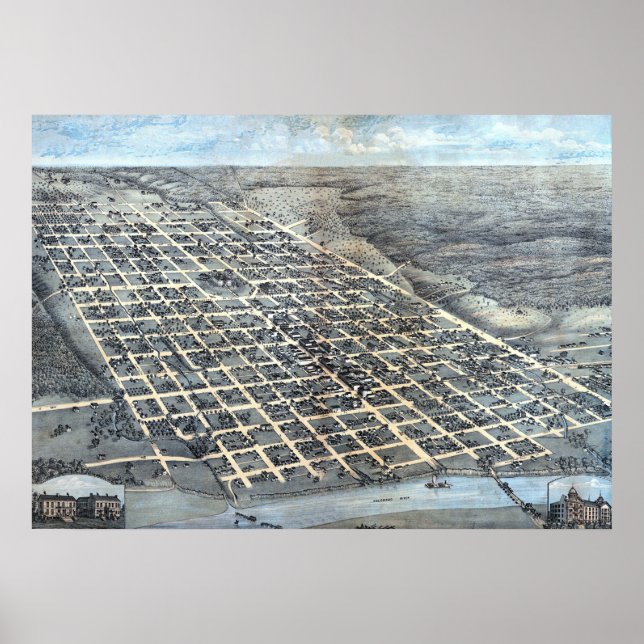 Affiches Carte de la ville aérienne antique d'Austin, Texas (Devant)