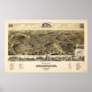 Affiches Carte de la ville de Staunton, Virginie (1891)