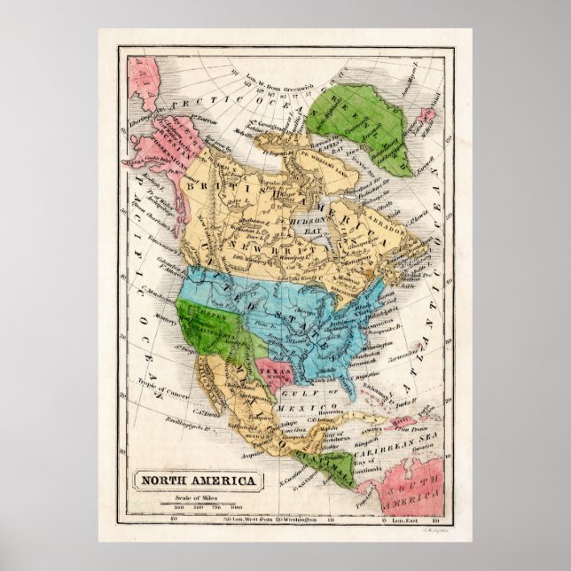 Affiches Carte de l'Amérique du Nord 1846 avec la Républiqu (Devant)
