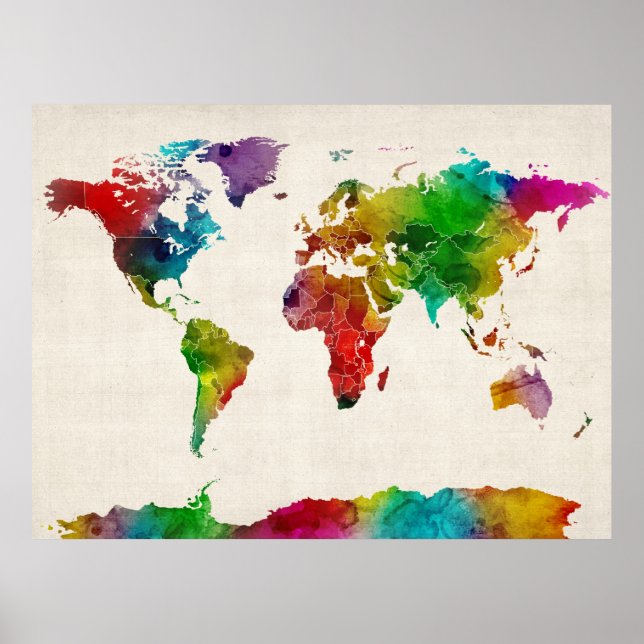 Affiches Carte de l'aquarelle de la carte mondiale (Devant)