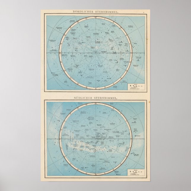Affiches Carte de l'Atlas céleste N, S Sternhimmel (Devant)