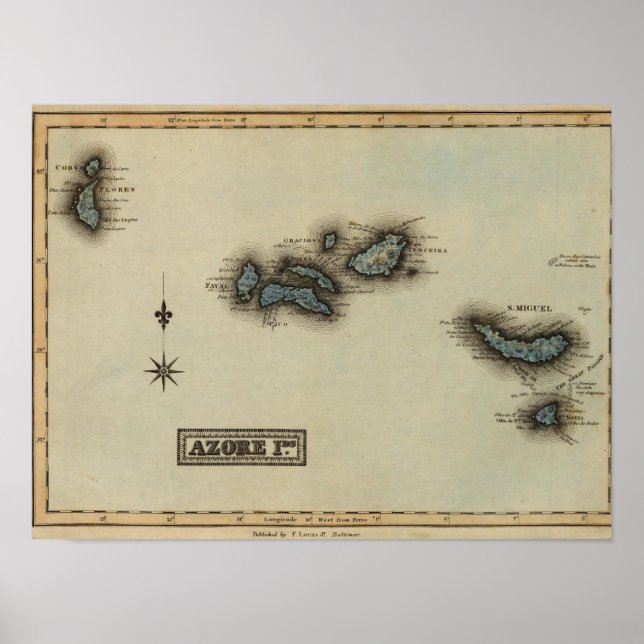 Affiches Carte de l'Atlas des îles Azore (Devant)