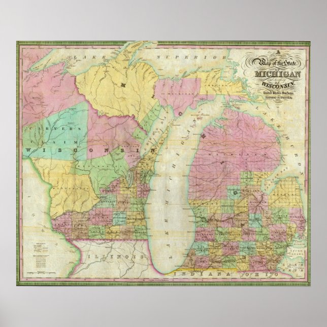 Affiches Carte de l'État du Michigan (Devant)