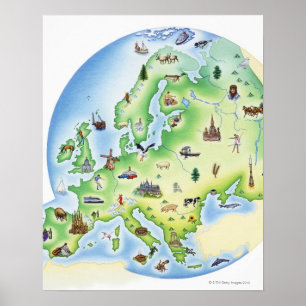 Affiches Carte de l'Europe avec des illustrations de célèbr