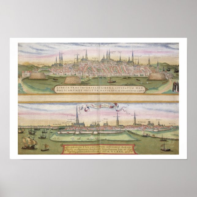 Affiches Carte de Lubeck et Hambourg, de 'Civitates Orbis T (Devant)