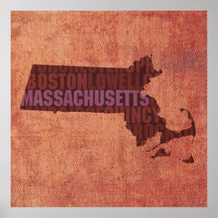 Affiches Carte de mot d'ensemble d'état du Massachusetts