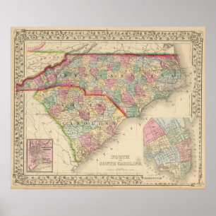 Affiches Carte de N et de S Caroline par Mitchell