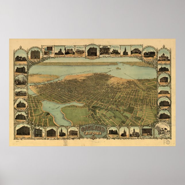Affiches Carte de Oakland, Vue Oiseaux-Oeil, 1900 (Devant)