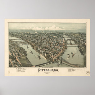 Affiches Carte de Pittsburgh, Vue Oiseaux-Oeil, 1902
