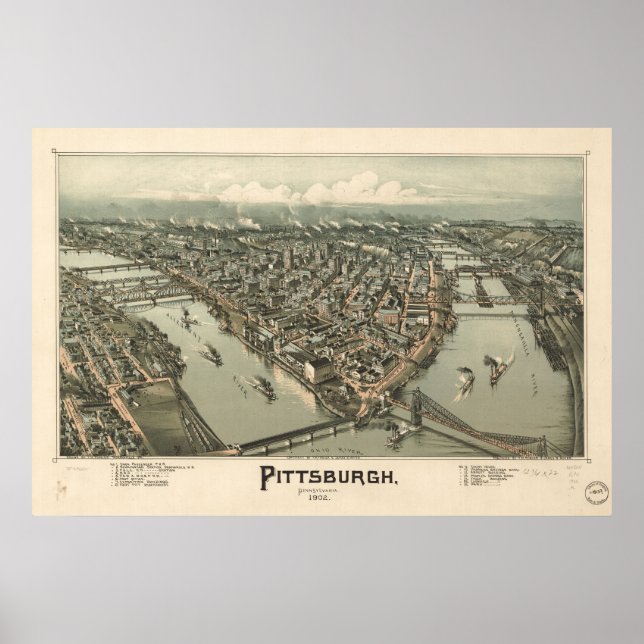 Affiches Carte de Pittsburgh, Vue Oiseaux-Oeil, 1902 (Devant)