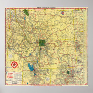 Affiches Carte de route Idaho, Mont, carte de Wyo