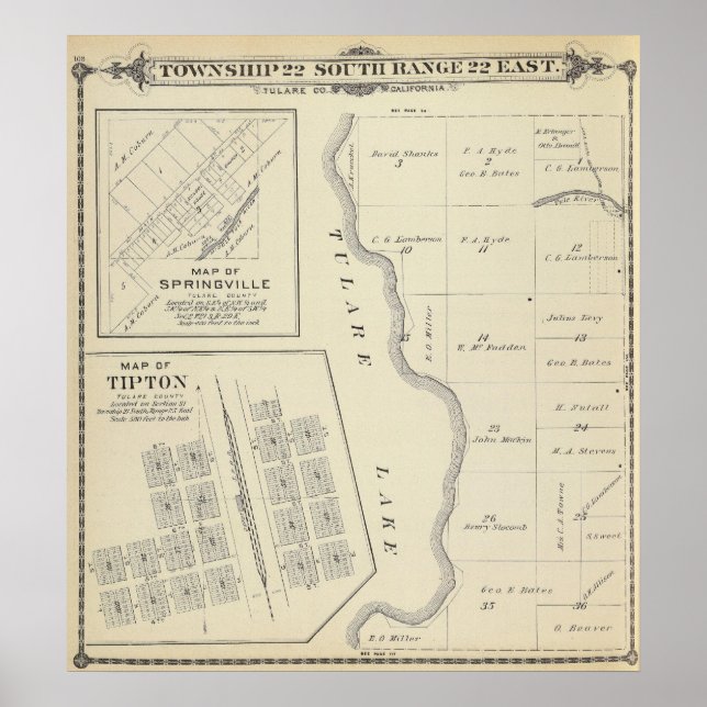 Affiches Carte de section du comté de T22S R22E Tulare (Devant)