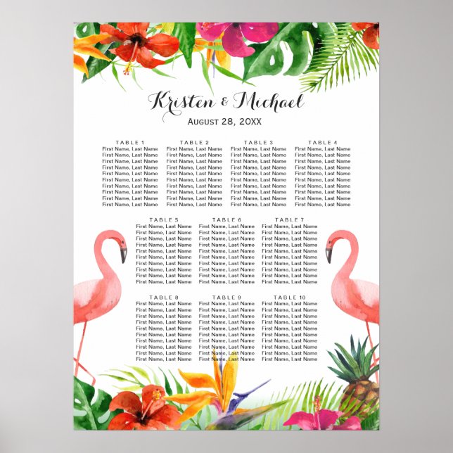 Affiches Carte de siège du Mariage de Flamant rose floral t (Devant)